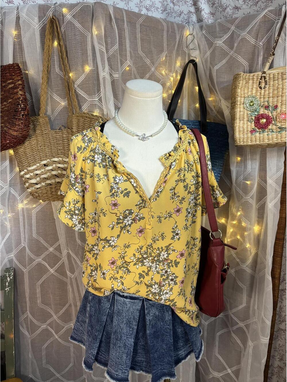 Yellow Flora Blouse Cottagecore Fairycore Boho Romantic Spring